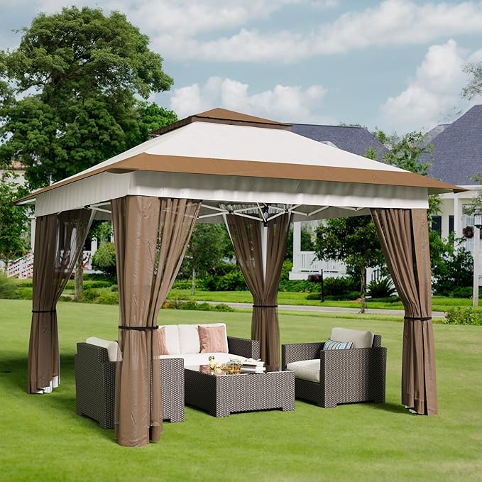 Bealife 11x11 Pop Up Gazebo Tent with Mosquito Netting, Outoor Canopy Tent with 4 Sandbags, 8 Stakes, 4 Ropes, Roller Bag, Pop Up Canopy Tent for Lawn Backyard Garden Deck, Beige