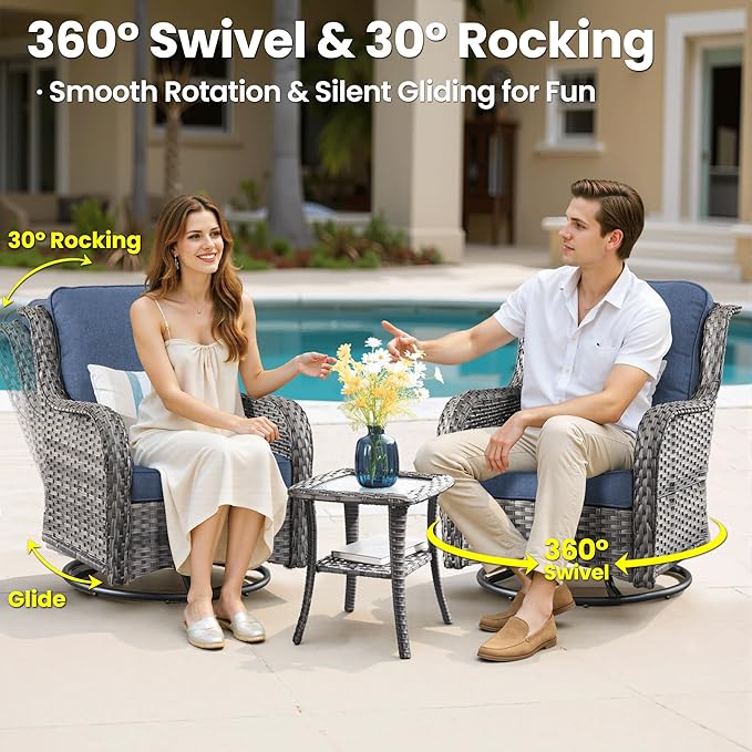ovios 8 Pieces Patio Furniture Set, Outdoor Wicker Sofa Couch with Swivel Chairs 42" Fire Pit Table, High Back All Weather Modern Conversation Sets, Grey Rattan, Denim Blue