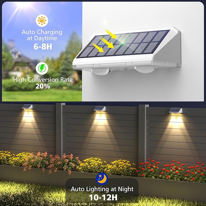APONUO Solar Fence Lights, IP64 Waterproof, Fence Lights Solar Powered 9 Lighting Color Modes RGB Color Glow LED, Fences Solar Light Outdoor for Backyard, Yard, Wall, Deck, Patio, 12 Pack, White