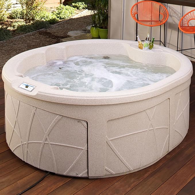 LifeSmart 4-Person Hot Tub, Outdoor Spa with Cover and LED Lights, Circular, Beige - Above-Ground Spa Machine with Accessories for Home and Personal Relaxation