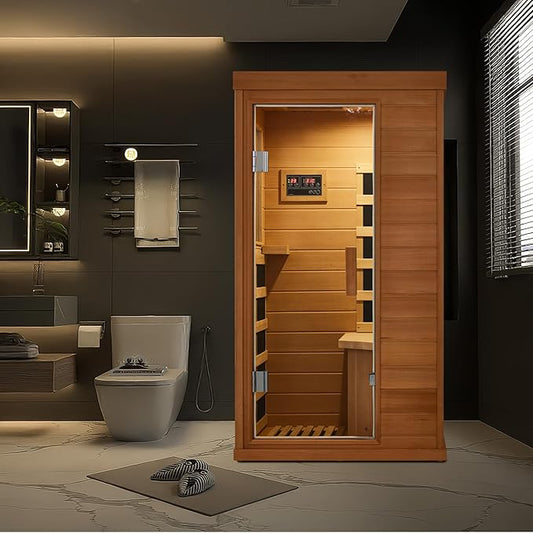 1 Person Infrared Sauna, Hemlock Wooden Indoor Dry Saunas，Full Spectrum Mini Sauna with 4 Heater Panels, Bluetooth Speaker, Tempered Glass Door, Compact and Easy to Use, 110V