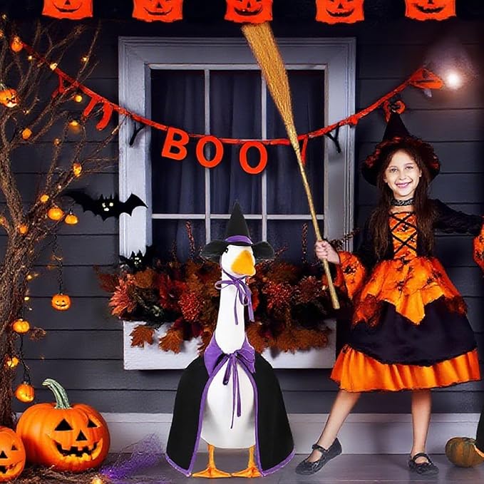 Halloween Porch Goose Outfit Set for 23'' Plastic Statue Lawn Porch Goose Clothes with Cloak Hat Costume for Indoor Outdoor Patio Yard Lawn Art Decor(Purple)