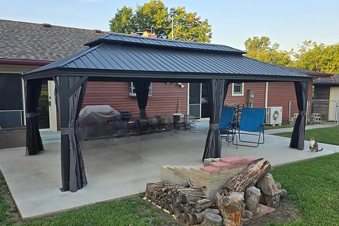 PURPLE LEAF 12' X 28' Large Hardtop Gazebo Aluminum Gazebo with Galvanized Steel Double Roof for Patio Lawn and Garden, Curtains and Netting Included Grey