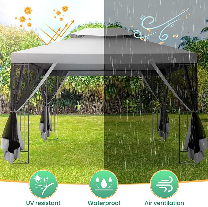 COBIZI Gazebo 10x13 Heavy Duty Gazebos with Improved Nettings Outdoor Gazebo Double Roof Patio Gazebos with Metal Steel Frame Outdoor Canopy for Patio,Garden, Backyard (Gray)