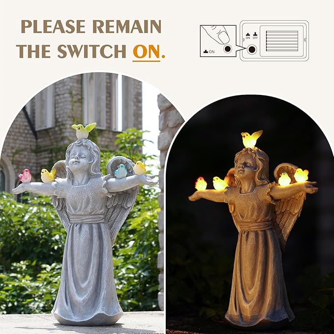 MININOVA Solar Angel Garden Statue with 5 Birds Solar Lights, Resin Cherub Figurine Outdoor Decor for Garden Porch Yard, Gift for Women Mothers Day Birthday Housewarming