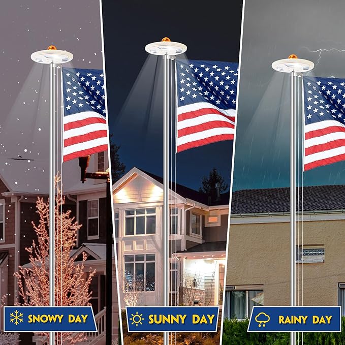 20FT Sliver Heavy Duty Flag Pole Kit with 3x5 Ft American Flag & Solar Light - 12 Gauge Aluminum Tubing, Resistance High Winds, Hardware Flagpole Set for Residential Commercial Outdoor Ready