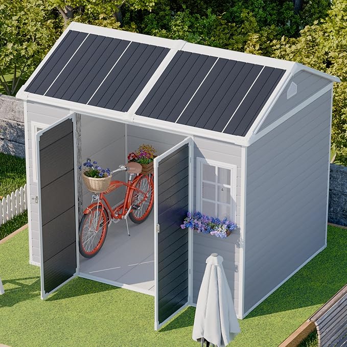 8x6 Shed, Heavy-Duty Outdoor Storage Shed with Floor, Waterproof Plastic Resin Garden Shed for Backyard, Tool Storage with Lockable Double Doors & Awning Windows