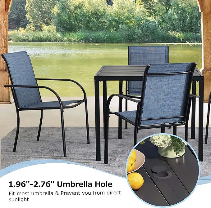 5 Pieces Round Dining Table Set for 4, Patio Dining Set Includes 4 Blue Stackable Patio Chairs and 1 Black Square Table, Patio Furniture Sets with Sling Support for Outside, Garden