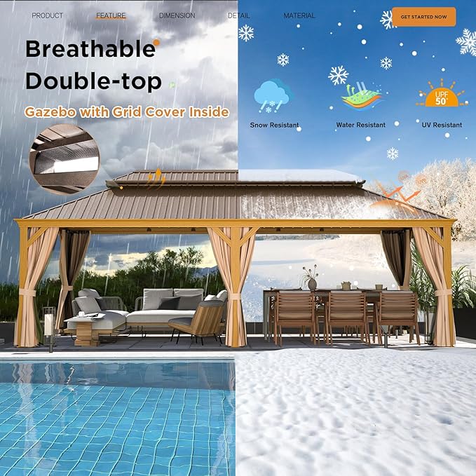 YOLENY 12' x 24' Gazebo, Wood Grain Aluminum Frame Pergola with Double Galvanized Steel Roof, Outdoor Permanent Metal Pavilion with Curtains and Nettings for Patio, Backyard and Deck