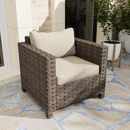 EAGLE PEAK Harbor Haven Wicker Patio Chair, Deep Seating Armchair, Weather Resistant Outdoor Furniture for Patio, Deck, Garden, Brown/Beige