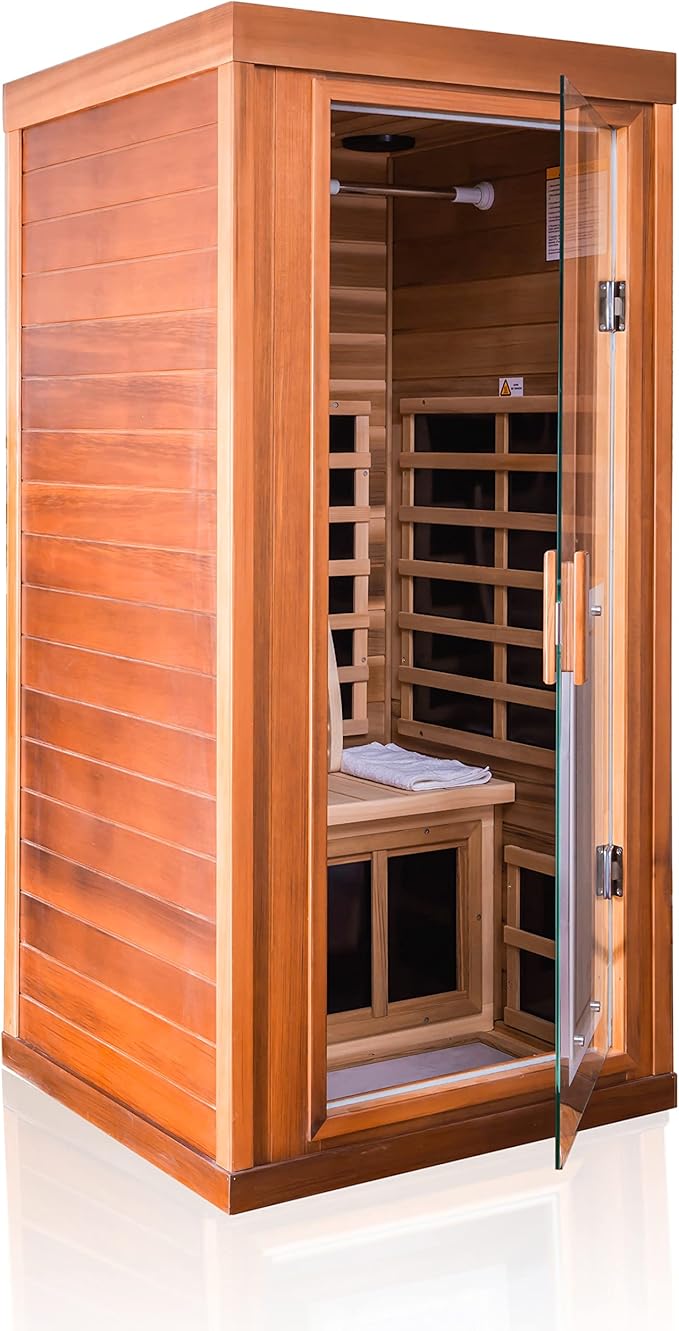 Red Cedar Infrared Sauna 1 Person Low EMF Far Infrared Saunas for Home, 1350 watt Indoor Personal Sauna Room with 2 Bluetooth Speakers, 1 LED Reading Lamp