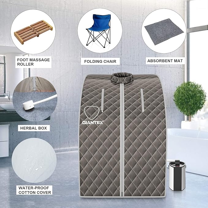Giantex Portable Steam Sauna, Personal Therapeutic Sauna for Detox, Temperature & Timer Adjustable, 800W Sauna Box Spa w/Chair, 3L Steamer,Massage Roller,Mat,Remote Control, Home Sauna Tent (Gray)