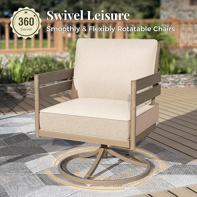 5-Piece Patio Outdoor Conversation Furniture Set with 2 Swivel Chairs, Steel Modern Outdoor Patio Conversation Sets with Thick Cushions for Porch, Balcony, Backyard - Beige