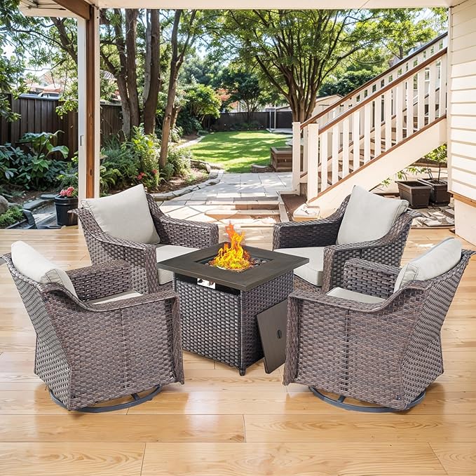 Outdoor Patio Wicker Swivel Chairs - Set of 4 Outside Rattan Rocker Glider Chair Rocking Armchairs for Front Porch Balcony Backyard Yard Deck Poolside Apartment – Brown/Beige