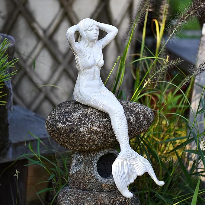Sungmor 14.3" Tall Large Cast Iron Mermaid Statue, Sitting Mermaid Sculpture Decoration for Pool Pond Birdbath Shelf Desk, Rustic White Garden Figurines for Indoor Outdoor Fish Tank Fountain Rockeries