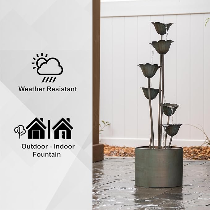 XBrand Metal Sculptural Multi-Tiered Flower Water Fountain, No LED Lights, Silver, 35" Tall
