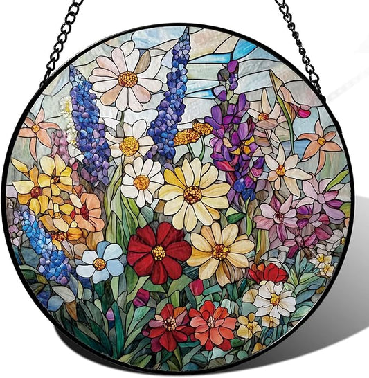 Colorful Wildflowers Suncatcher -7.9 in Stained Glass Window Hanging Sun Catcher Garden Decor