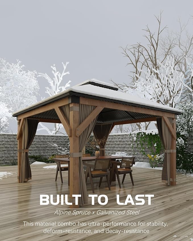 GAOMON Hardtop Spruce Wood Gazebo 12'x12', with Double Roof of Metal Sheets, 4.7'' Heavy Duty Poles, Net, and Curtain, Permanent Building for Patio, Deck, Backyard, Lawn, and Garden, Khaki