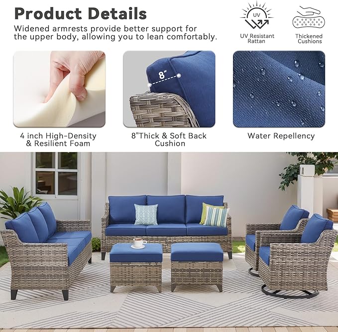 Patio Furniture Set, 5 Pieces Outdoor Wicker Rattan Sofa Couch with Rattan Chair, Ottomans and Comfy Cushions, All Weather Patio Conversation Sets, Suit for Porch Deck Garden