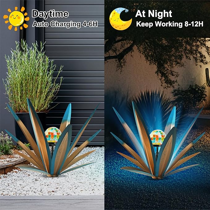 TOMBABY Solar Rustic Garden Style Metal Agave Plants Outdoor Patio, Home Decor Hand-Painted Metal Agave Garden Patio Statues, Suitable for Desert Areas, Outdoor Lawn Decorations (1 Solar Bule)