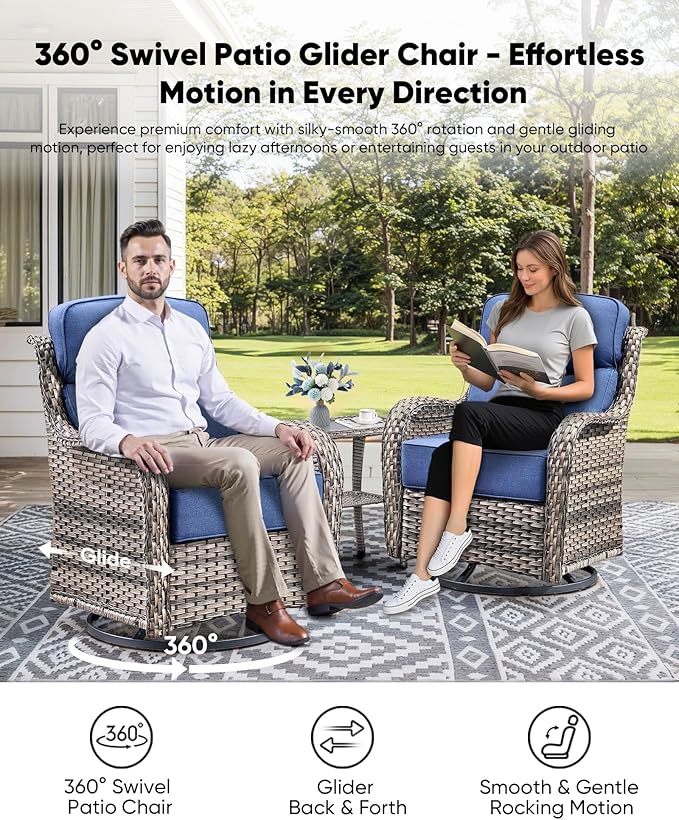 HUMMUH Outdoor Patio Wicker Swivel Rocker Chairs Set of 2 with 6-Inch Thick Cushion High Back Wicker Conversation Set for Porch Balcony Deck