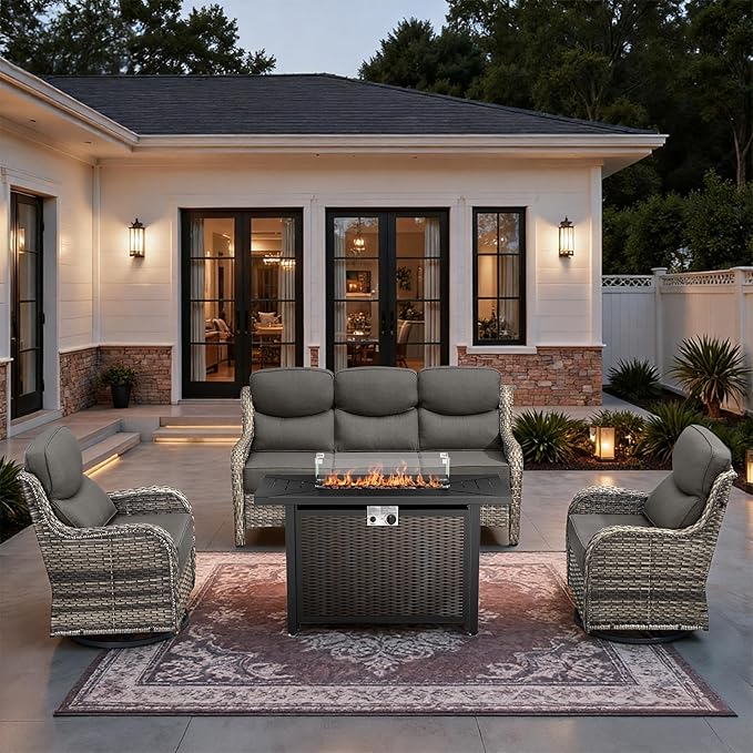 HUMMUH 4 Pieces Patio Furniture Set with Fire Pit High Back Outdoor Furniture Set 6-inch Cushions Wicker Patio Swivel Rocker Chairs for Balcony Garden,Lawn,Deck