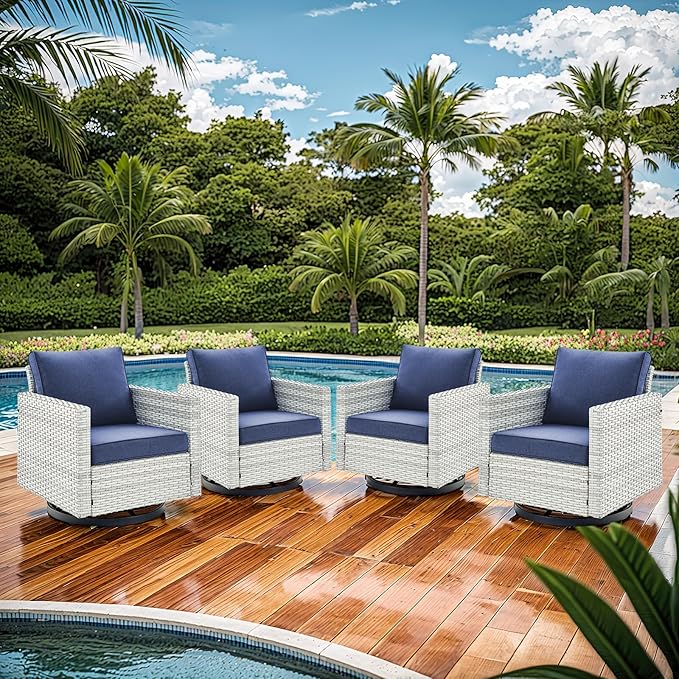 Outdoor Swivel Chairs Set of 4: Wicker Swivel Rocker Patio Chairs Set of 4, Swivel Rocker Outdoor Chair, Wicker Patio Furniture Sets, LightGrey/Blue