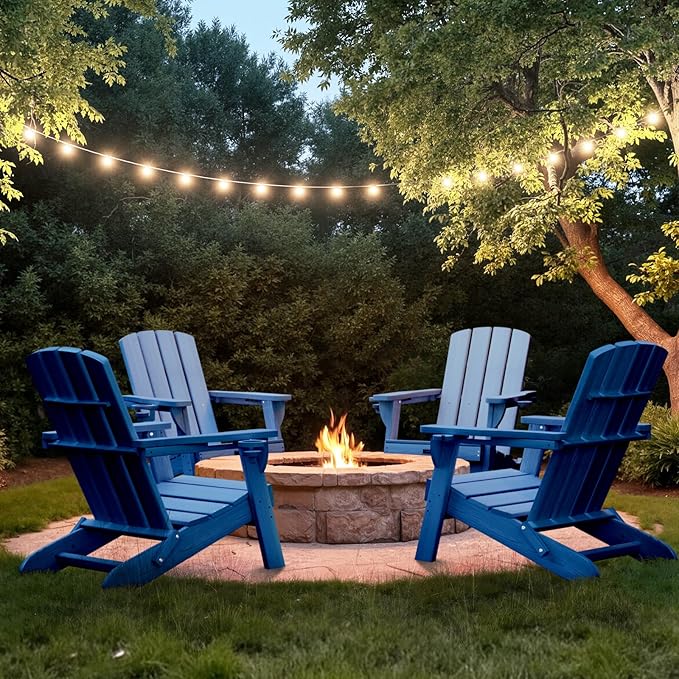 Folding Adirondack Chair Wood Texture 4 Pack, HDPE All-Weather Fire Pit Chairs, Plastic Adirondack Chairs with 2 Cup Holder, Outdoor Lawn Chair for Patio Garden (Navy Blue)