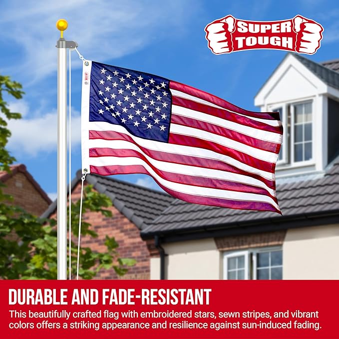 Super Tough 6Ft x 10Ft American Flag - Double Sided, Heavy Duty Nylon USA Flag with Embroidered Stars and Sewn Stripes Suitable for Low Winds - Red/White/Blue