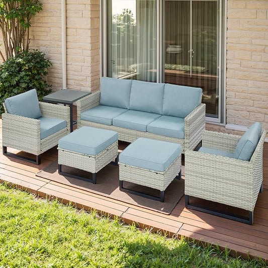 Rilyson Wicker Outdoor Patio Furniture Set - 6 Piece Patio Conversation Set with 2 Armrest Chairs,2 Rattan Ottoman,1 Couch and 1 Metal Side Table for Outside Porch Deck Backyard(Light Grey/Sky Blue)