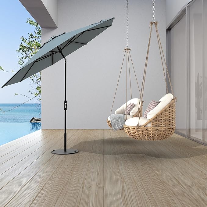 Midtown Umbrellas The Swilt 8 Feet Patio Umbrella in Sunbrella Canvas Haze Acrylic Fabric - Fiberglass Ribs, Auto-Tilt Aluminum Frame For Backyard, Deck, Garden, Pool - White Pole
