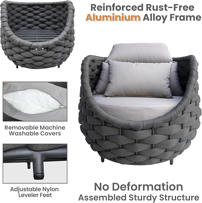 6 Pcs Woven Rope Outdoor Chair: Aluminum Patio Accent Chair with Arms - Assembled Cushioned Lounge Chair For 400lbs - Morden Porch Furniture Seating for Deck Balcony Garden Backyard Hotel Resort