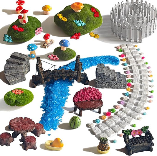 Fairy Garden Kit with 118 Pieces, Miniature Resin Figurines, Mushrooms, Bridge, Steps, Moss, Faux Flowers, Fake Fence, Crystal Gravel & Garden Accessories for DIY Fairy Gardens and Miniature Dioramas