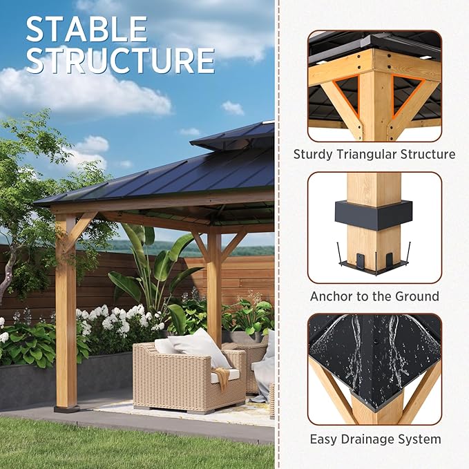 COOS BAY 11x13 Hardtop Gazebo with Cedar Wood Frame, Galvanized Steel Double Roof Outdoor Pavilion for Garden, Lawn, Poolside, Patio, Deck, Natural Wood/Black