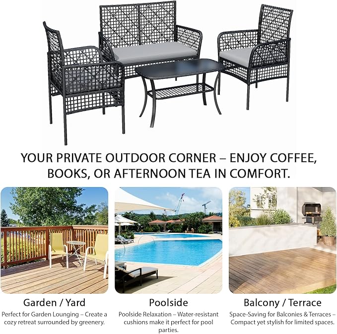 4-Piece Patio Furniture Set, Weather-Resistant Rattan Patio Conversation Set with Two-Tier Coffee Table, Upholstered Openwork Wicker Furniture for Porch, Garden, Lawn, Gray