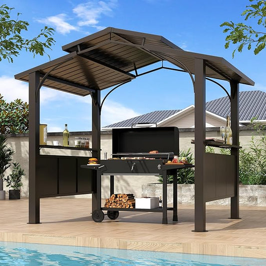 8x5Ft Hardtop Grill Gazebo,Double Tiered Roof BBQ Gazebo with 2 Side Shelves Metal Frame Grill Gazebos for Outdoor,Patio, Backyard, Garden