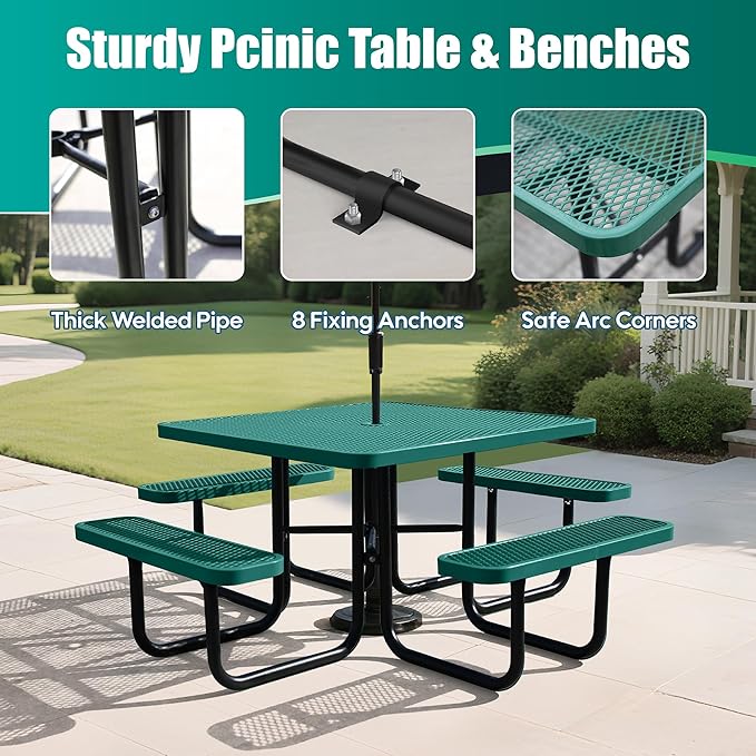8-Person Picnic Tables for Outdoors, Industrial 46" Expanded Metal Square Picnic Table with 4 Benches & Umbrella Hole, Outside Table and Bench Set for Garden, Backyard, Porch, Patio, Green