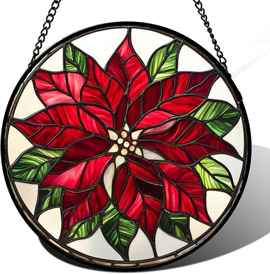 Stained Glass Window Hanging - Red Poinsettia Birth Flower Suncatcher for Door Garden Yard Sun Catchers Decor Christmas Mother's Day Birthday Gifts for Women Mom Nana Friend Men 15 in