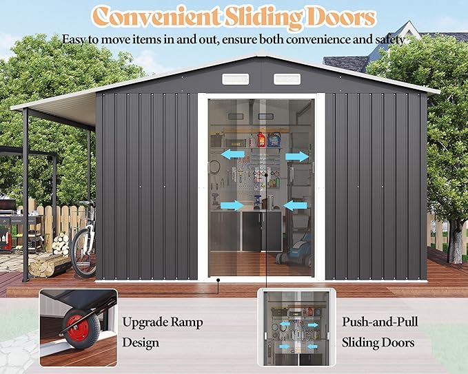 Jocisland 12x12x6.6 FT Galvanized Metal Storage Shed with Open Firewood Bay, Sliding Doors & Ramp, 2 Windows & Vents, Weather-Resistant Outdoor Tool/Garden Shed, Dark Grey/White