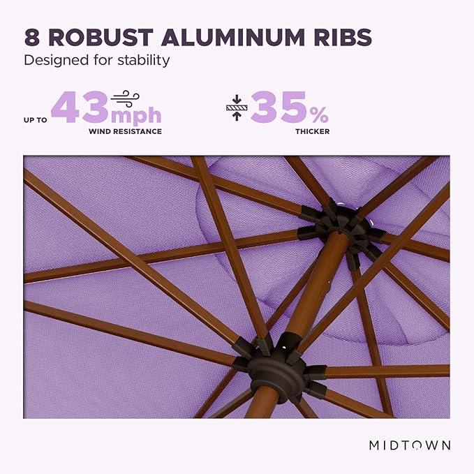 Midtown Umbrellas The Wooden 2-10 Feet Large Patio Umbrella, Terylast Midtown Purple Fabric, Aluminum Frame For Backyard Umbrella, Deck Umbrella, Garden Umbrella & Pool Umbrella - Wooden Pole