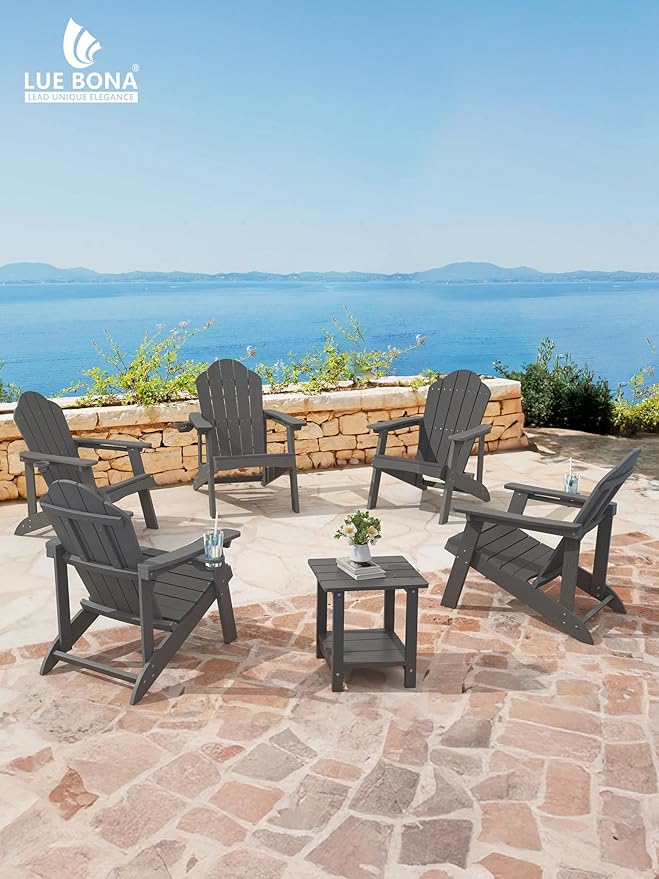 LUE BONA HDPE Adirondack Chairs Set of 4,Plastic Adirondack Chairs with Cup Holder Weather Resistant for Outdoor, Patio, Lawn, Garden, Backyard Deck, Fire Pit, Dark Gray