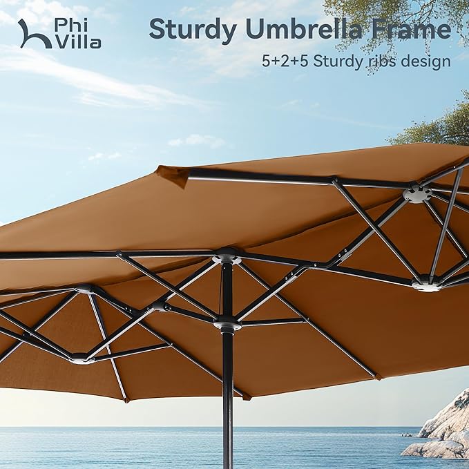 PHI VILLA 13ft Large Patio Umbrellas, Double-Sided Outdoor Market Rectangle Umbrella for Outside, Maillard Brown