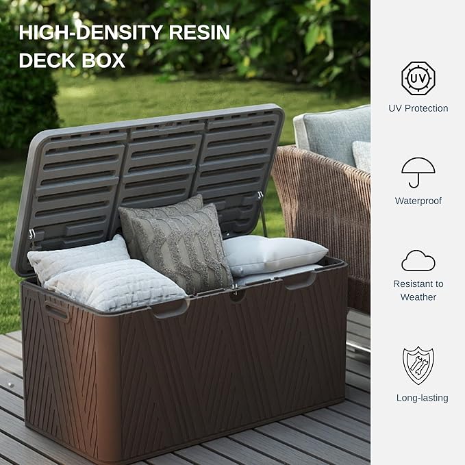 110 Gallon Outdoor Storage Box, Waterproof Patio Deck Box with Lockable Lid, Heavy-Duty HDPE Bench for Garden Tools, Cushions (Brown, 110 Gallon)