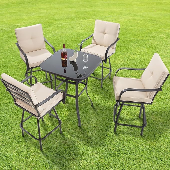 Patio Swivel Bar Stools, Outdoor High Back Swivel Bar Chair Set of 4 with Cushion & All Weather Steel Frame for Backyard, Lawn, Poolside and Balcony, Beige