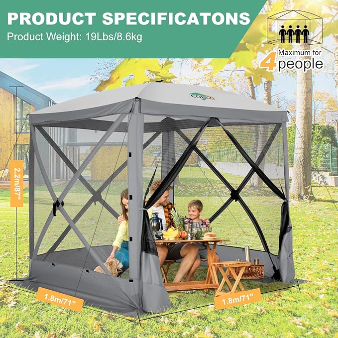 COBIZI 6x6 Pop up Gazebo Tent on Clearance, Ez up Waterproof Screen Tent Screen House with 3 sidewalls,Portable Outdoor Canopy with Carry Bag & Ground Stakes for Camping,Garden and Picnics, Grey
