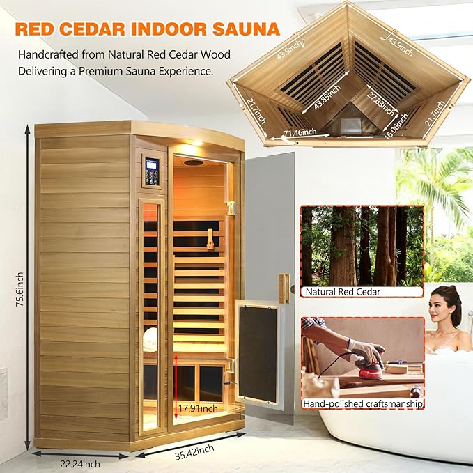 2-3 Person Corner Far Infrared Sauna for Home, 1760W Ultra-Low EMF（0-1mG） Indoor Red Cedar Wood Sauna Room with 8 Heating Panels, Dual Control Panel, Bluetooth Speaker & Chromotherapy Lights