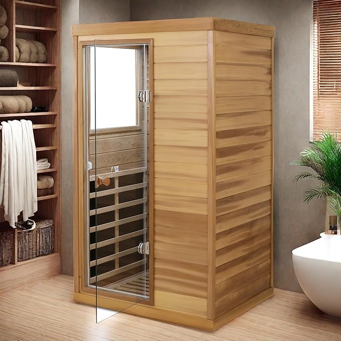 Infrared Sauna Single Person Mini Red Cedar Far Infrared Home Sauna Box with The Left Glass Door, LCD Display, BT Speaker, LED Reading Light, Natural Wood + Caramel