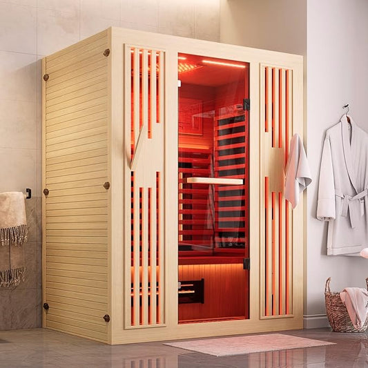 MEISSALIVVE Full Spectrum Sauna for Home, 2~3 Person Indoor Infrared Sauna Room with 10 Minutes Warm-up Heate, Canadian Hemlock Wood Home Infrared Sauna with Bluetooth and Tempered Glass