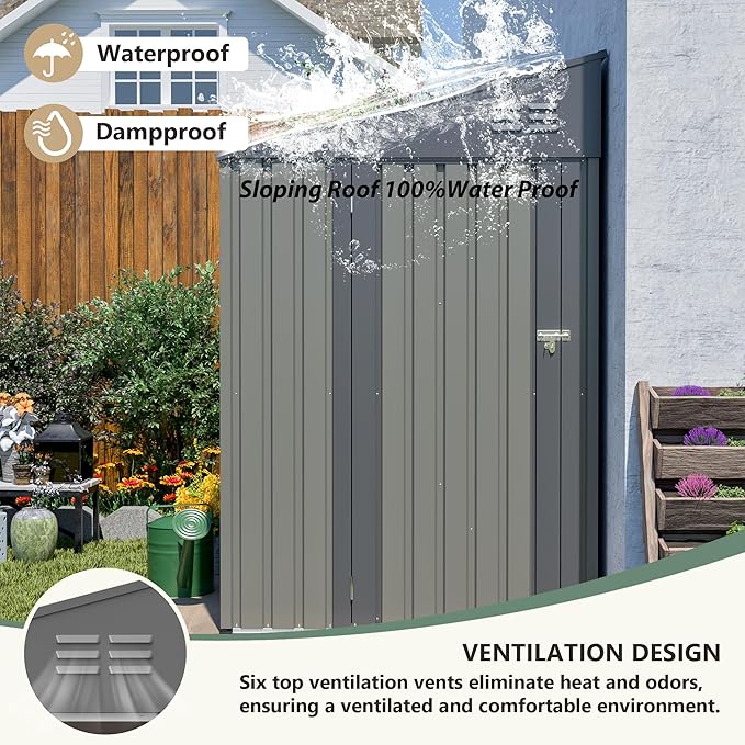 4x7 FT Lean to Shed with Single Lockable Side Door, Outdoor Metal Storage Shed, Sloping Roof Galvanized Utility Steel Tool Shed for Garden, Patio, Lawn & Backyard