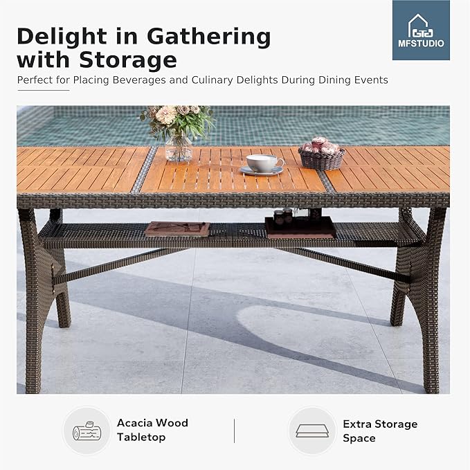 MFSTUDIO Acacia Wood Outdoor Dining Table, 75’’ Rectangular Dining Table for 6-8 with Storage Space, Metal & Wicker Frame and Adjustable Foot Pads, Patio Table for Deck, Backyard